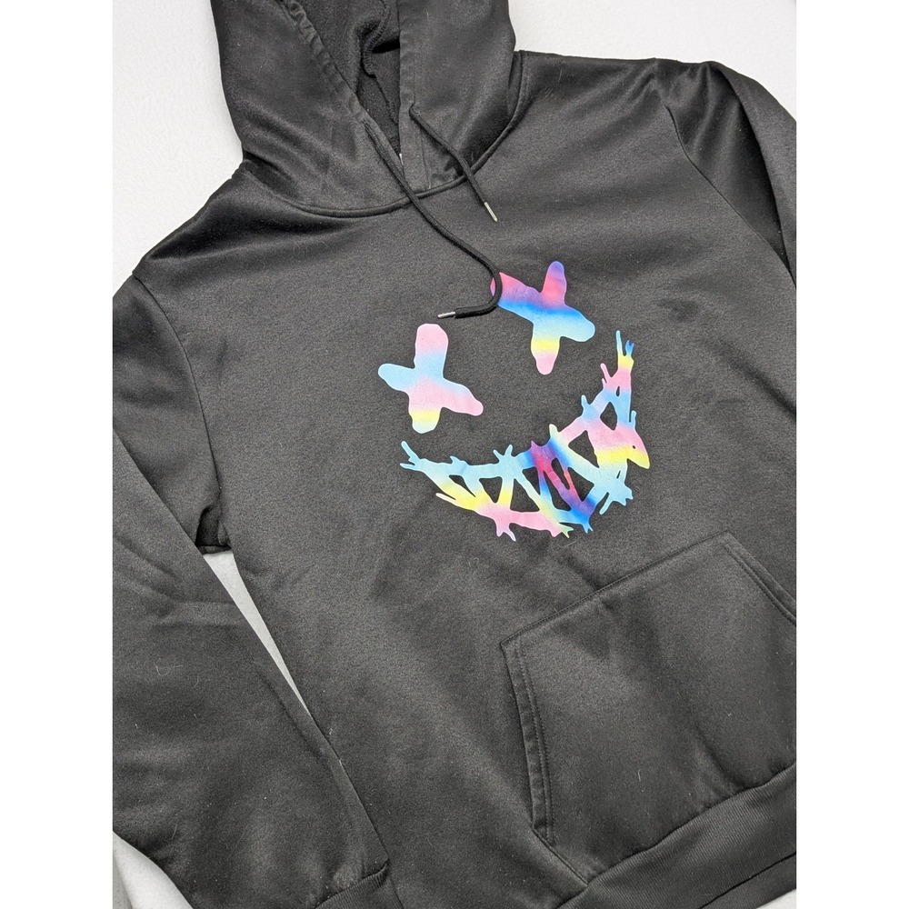 New Fashion Mens XXL Black Hoodie Rainbow Smiley Face Graphic Sweatshirt